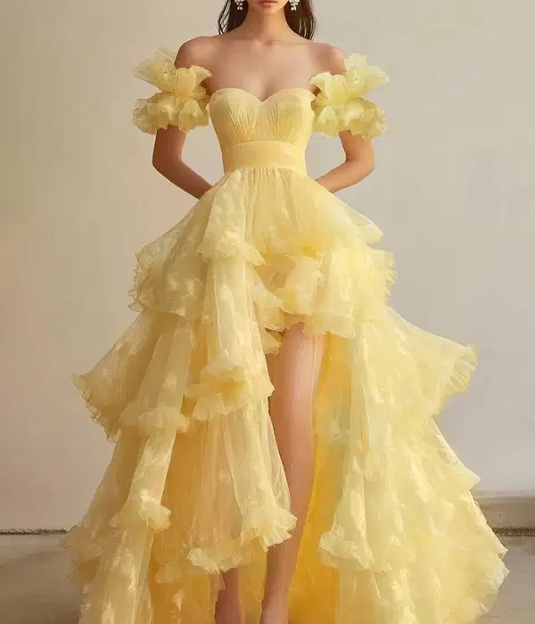 Yellow High Low Ruffle Gown - Dresses