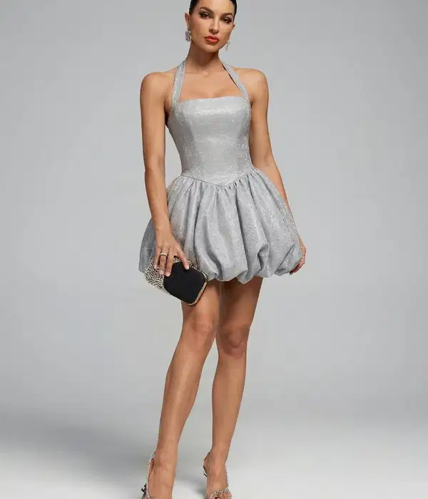Sparkly Halter Strappy Fluffy Mini Dress - Dresses