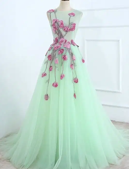 Mint Green Sleeveless Tulle Gown - Dresses