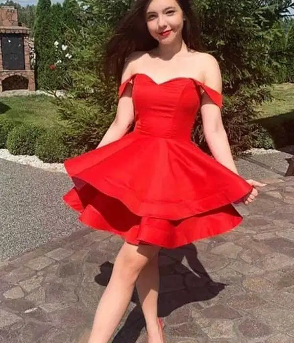 Red Satin Straps Short Dress - Dresses