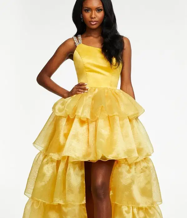 Yellow Jeweled Strap Tiered Gown - Dresses