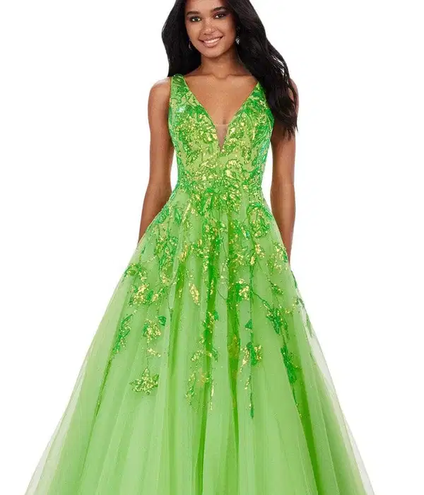 Lime Green Sequin V-Neck Mis Quince Dress - Dresses