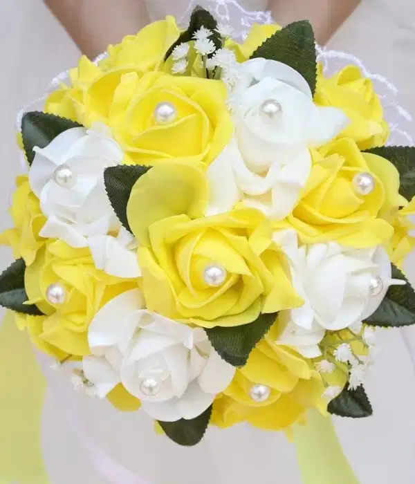 Yellow and White Silk Bouquet with Pearls - Ramos