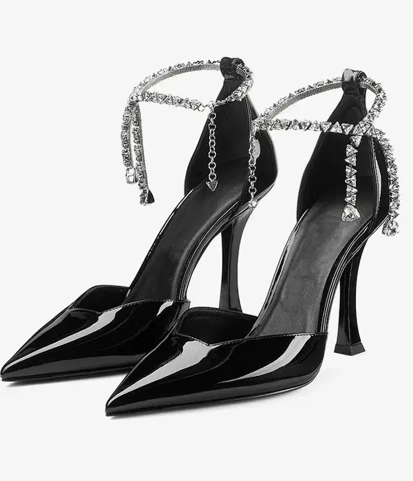 Patent Leather Pumps with Crystal Anklet - Shoes