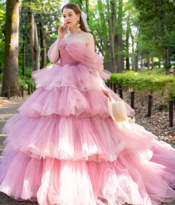 Pink Ruffled Ball Gown - Dresses