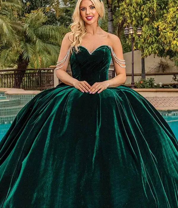 Dark Green Velvet Beaded Ballgown - Dresses