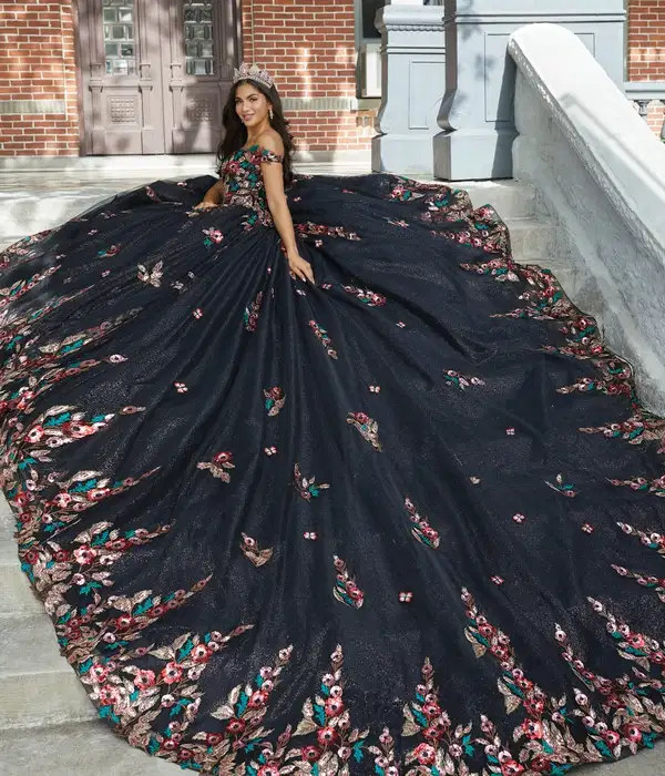 Black Floral Print Quinceanera Dress - Dresses
