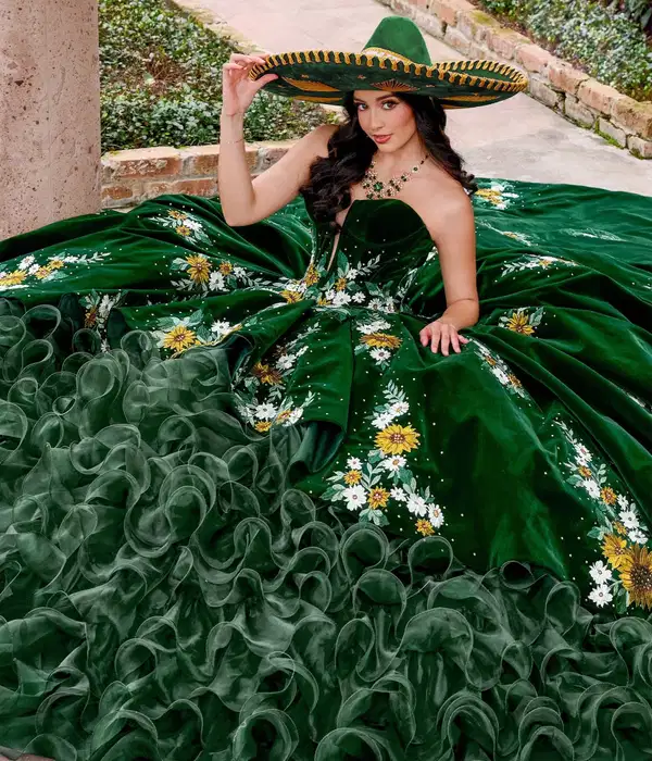 Floral Green Velvet Quinceanera Dress - Dresses