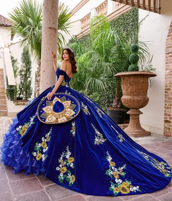 Floral Blue Velvet Charro Dress - Dresses
