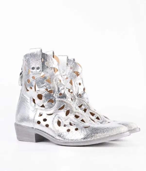 Silver Leather Western Ankle Boots - Shoes