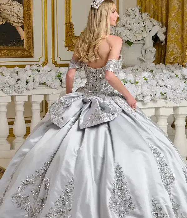 Silver Satin Embroidered Quinceanera Gown - Dresses