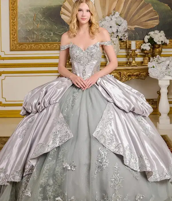 Long Metallic Silver Sequin Quinceanera Dress - Dresses