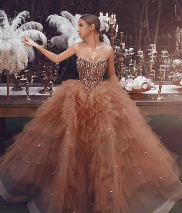 Sleeveless Bronze Princess Evening Gown - Dresses