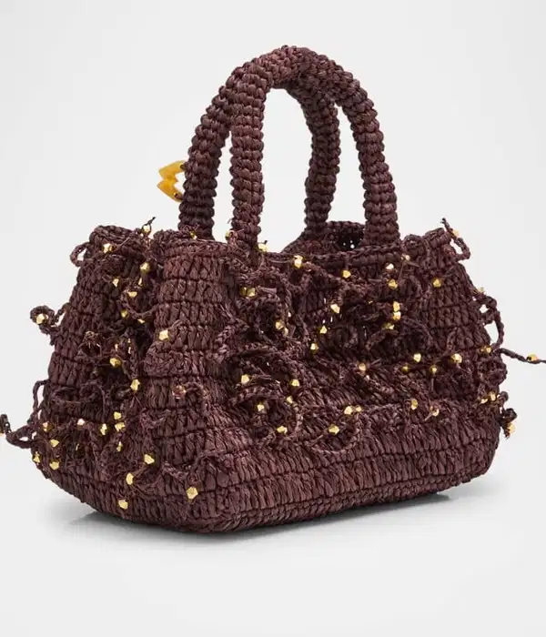 Woven Bucket Bag with Brown Beaded Fringe - Purses