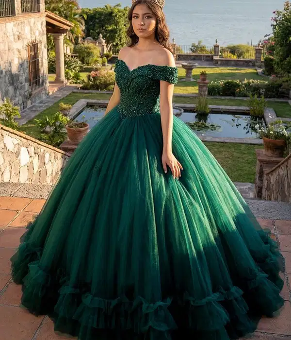 Dark Green Off The Shoulder Ball Gown - Dresses