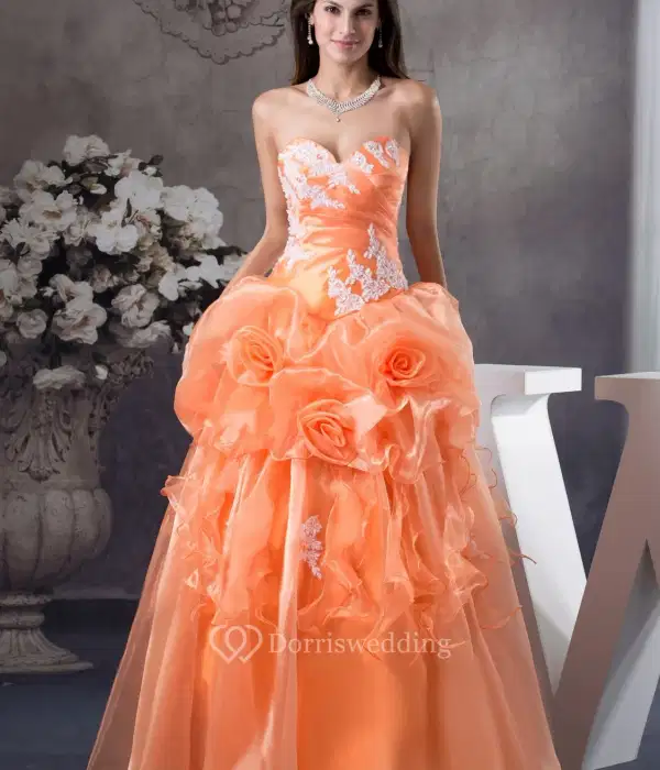 Orange Quinceanera Sweetheart Ruffled Appliques and Ball Gown - Dresses