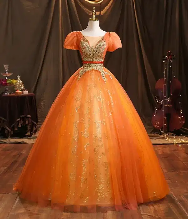Orange Gold Lace Quinceanera Gown - Dresses