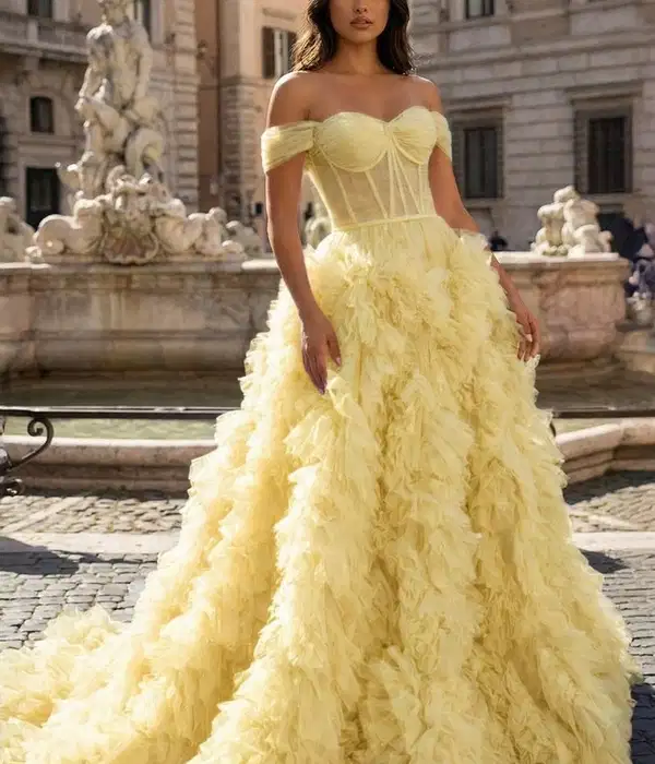 Yellow Ruffled Tulle Mis Quince Dress - Dresses