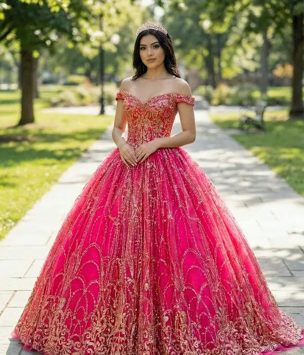 Hot Pink Sequin Lace Ball Gown - Dresses