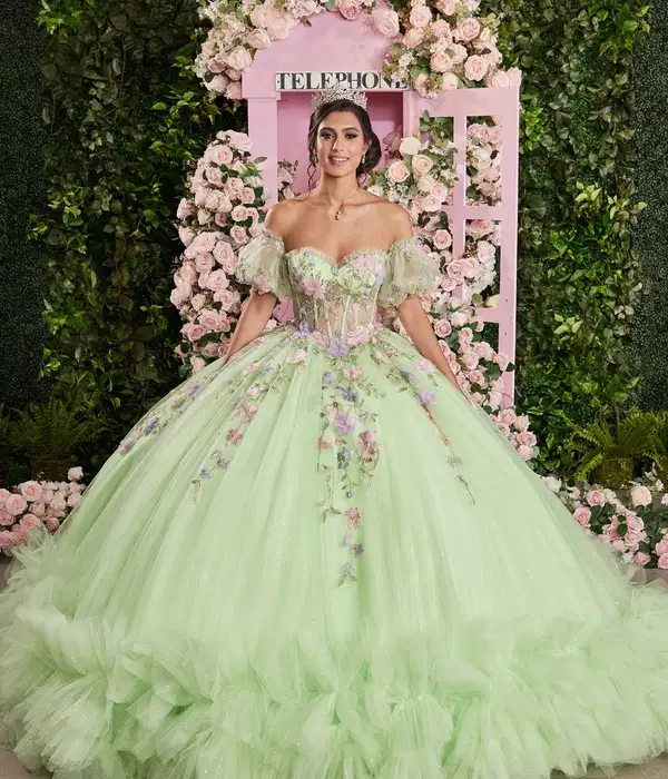 Green Tulle Pouf Sleeve Quince Gown - Dresses