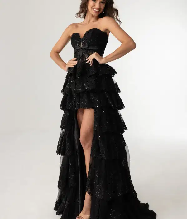 Black Glittery High Low Gown - Dresses