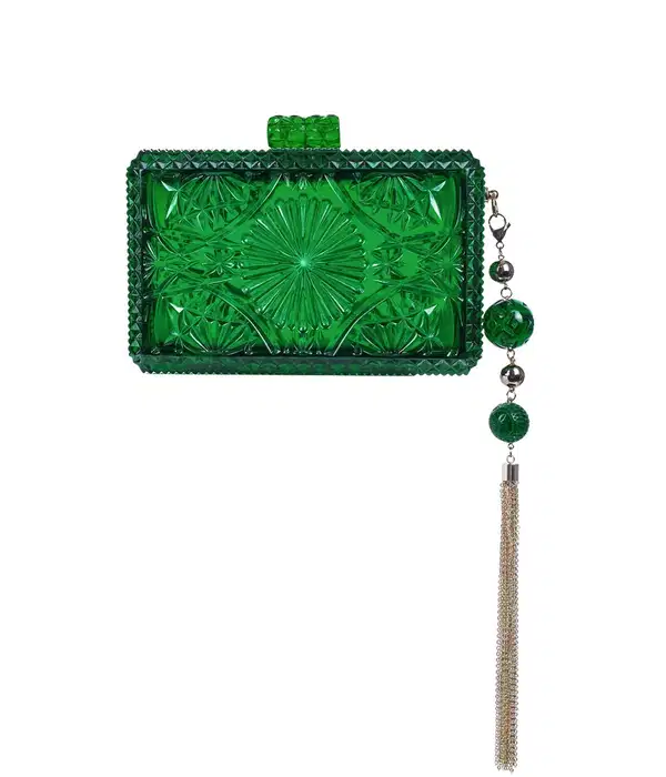 Hand Carved Rectangle Clutch Emerald Green - Purses