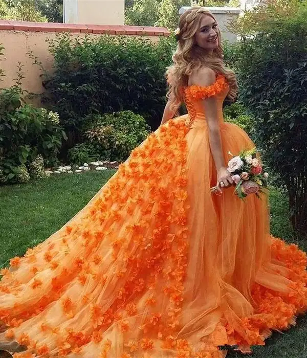 Orange Quinceanera 3D Floral Dress - Dresses