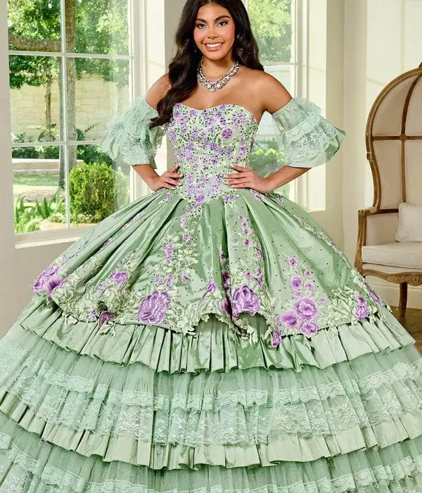 Green Floral Applique Strapless Ballgown - Quinceañera Dresses