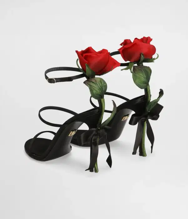 Satin Sandals with Rose Embellishment - Shoes