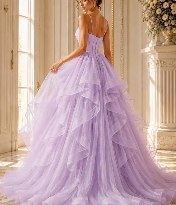 Ruffled Tulle Gown in Frosted Lilac - Dresses