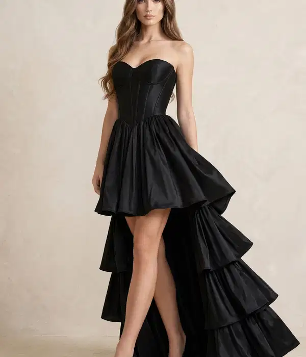Strapless Satin High-Low Black Dress - Dresses