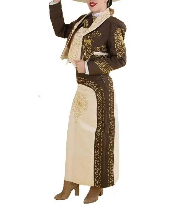 Brown and Beige Charro Suit in Suede - Dresses