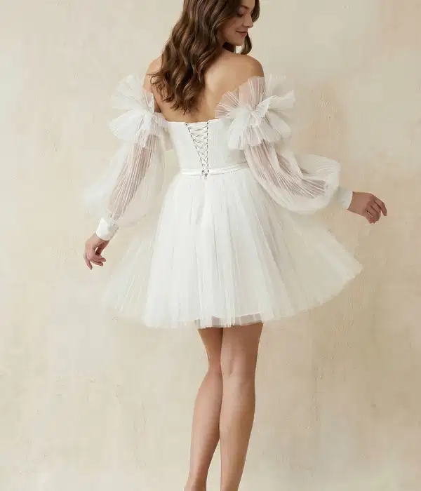 White Tulle Long Sleeved Mini - Dresses