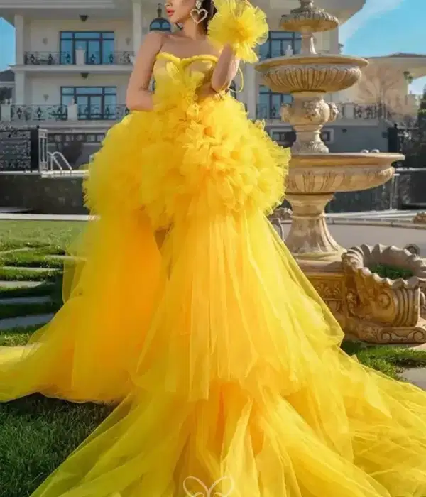 Vibrant Yellow Peplum High-Low Gown - Dresses
