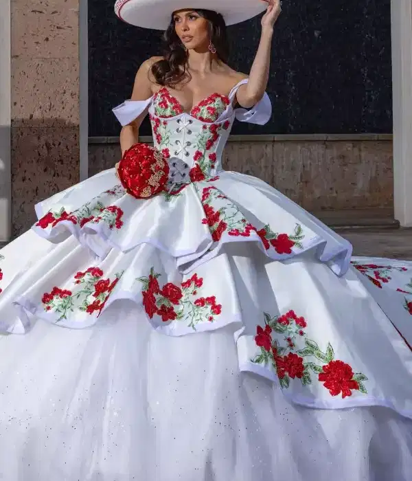 Mis Quince Charro in White and Red - Dresses