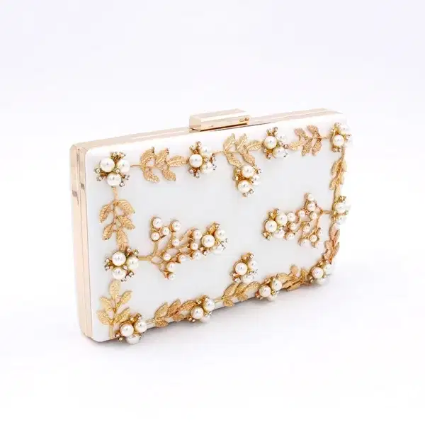 White Metal Clutch Floral Pearl Box - Purses