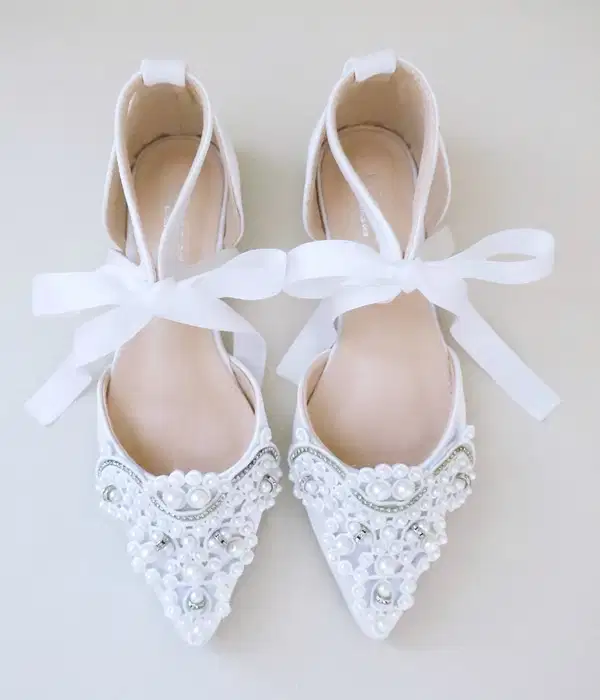 White Satin Pointy Toe Flats - Shoes