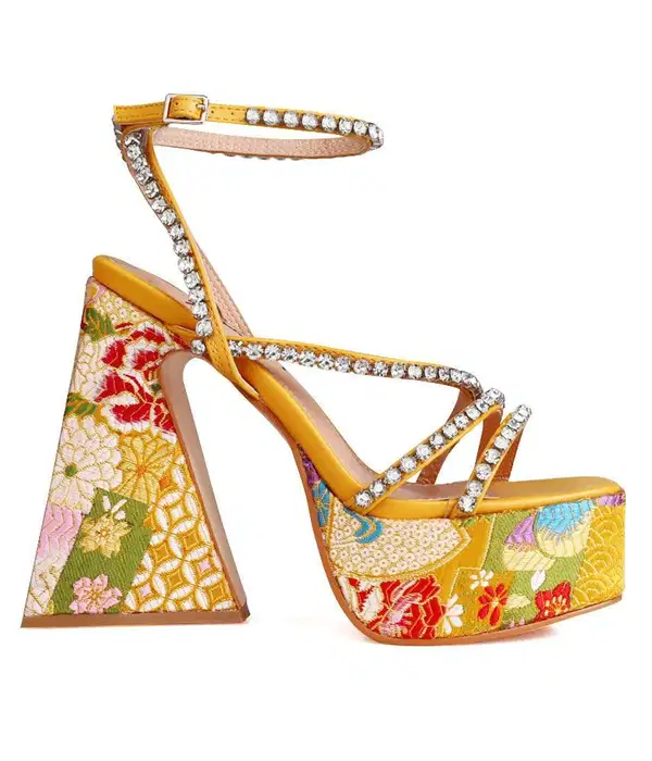 Yellow Brocade Chunky Heels - Shoes
